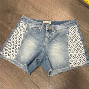 Seven7 Light Blue Jean Shorts with White Lace crochet accents